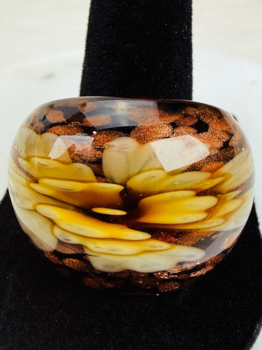 Vintage Art Glass Statement Ring Amber Cream Copper Swirl Wide Band Size 11.5